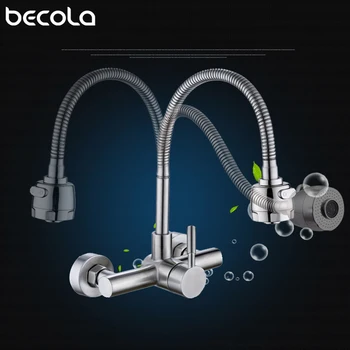 Stainless Steel Wall Mounted Kitchen Faucet Wall Kitchen Mixers Kitchen Sink Tap 360 Degree Swivel Flexible Hose Double Holes 1