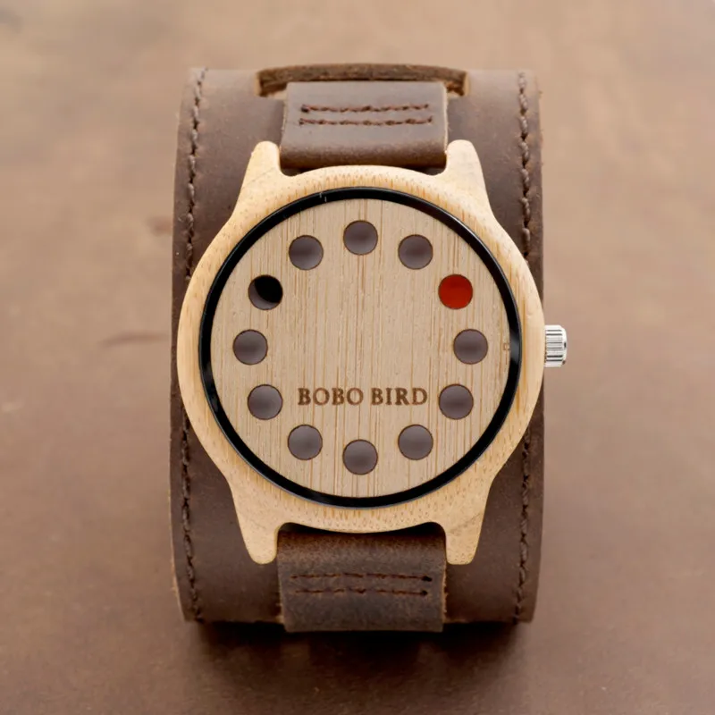 BOBO BIRD 12 Holes Design Bamboo Wooden Watch Mens Quartz Analog Watches with Genuine Leather Band as Gift montre homme
