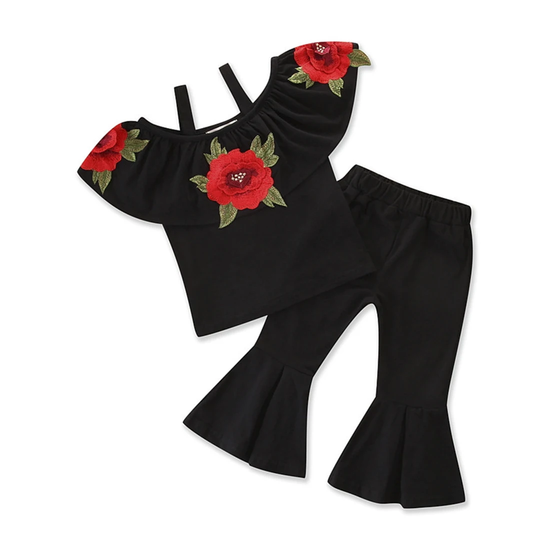 Baby Girl Floral 2pcs Outfits Rose Off Shoulder Tops Loose Flared Pants