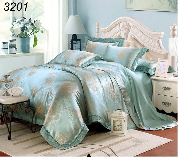 Light blue tribute silk 4pcs bed set luxury jacquard bedding sets lace silk bed clothes quilt