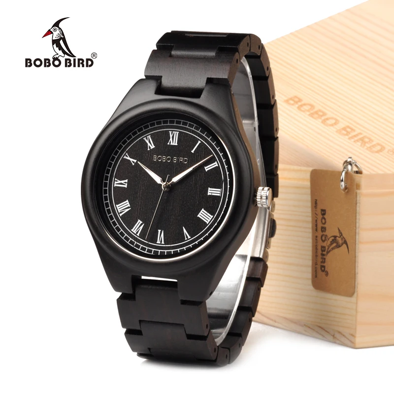 BOBO BIRD Mens Wood Watch Roman Numerals Plate Wristwatch with Wooden Links in Gift Box