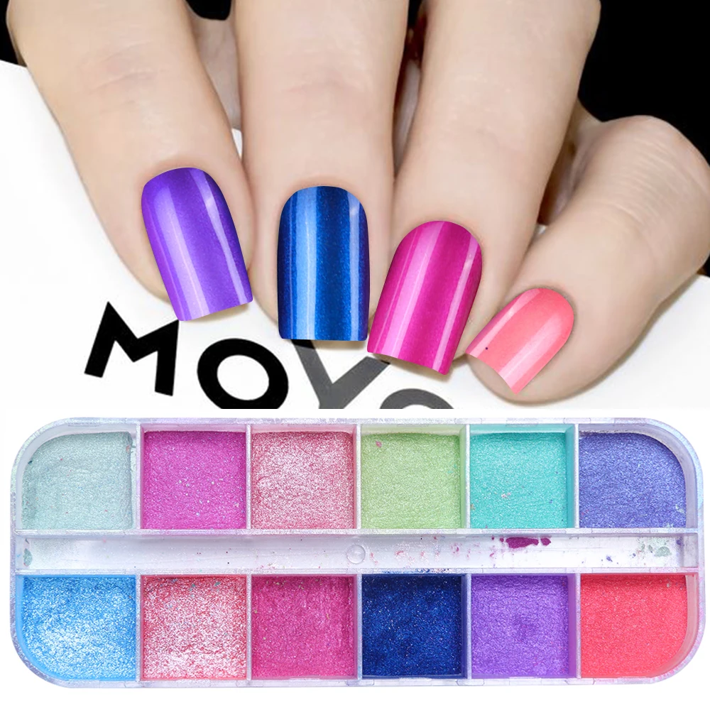 

12 Grids/Case Pearl Light Effect Glitter Powder Nail Polish Pigment Powder Shell Dust Holo Decorations Manicure Design LAZGF