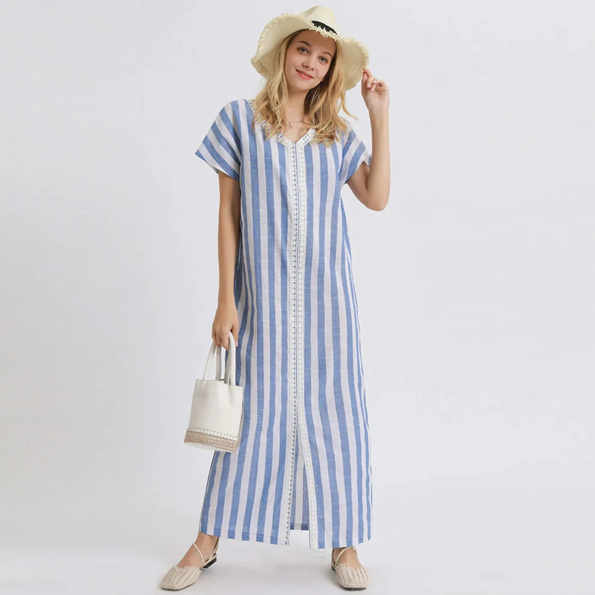 

Fashion Women's Wear Summer Blue Stripe Cotton Sliver Long Dress Dressed Women's Body Large Women's Dresses Student Lovely