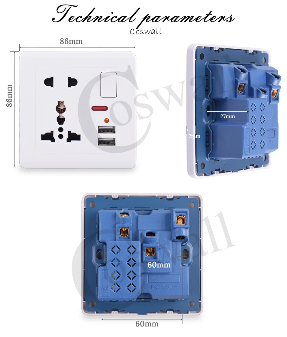 Coswall настенная розетка 13A универсальная 5 Отверстие переключаемая розетка 2.1A двойной usb-порт для зарядки светодиодный индикатор