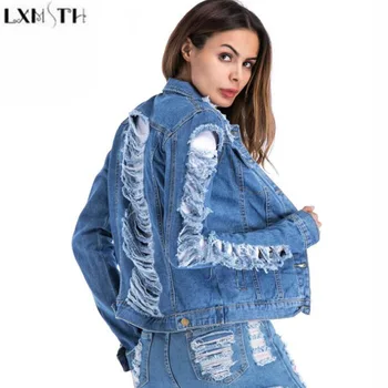 

LXMSTH M-5XL Plus Size Women Denim Coats Casual Coat Spring Street Style Personality Hole Denim Outerwear Woman Jeans Jacket