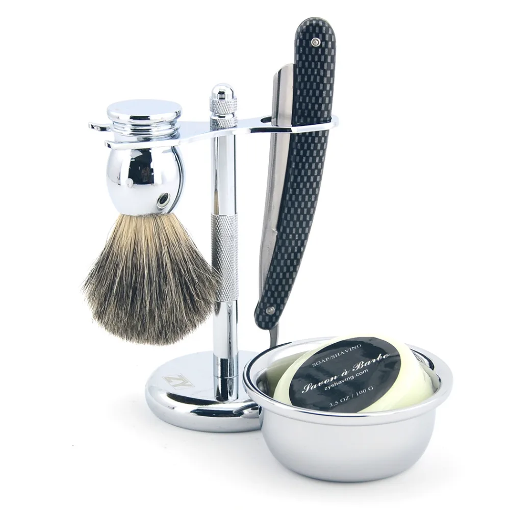 

Men Shaving Set Straight Razor Extra Sharp Shave Ready Stand Bowl Pure Badger Hair Brush Soap