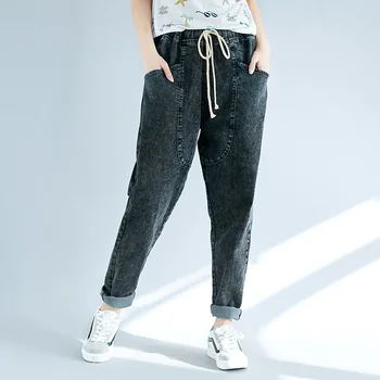 

2019 spring new 300 kg XL fat MM jeans woman Extra large size denim pants loose high waist jeans drawstring feet trousers
