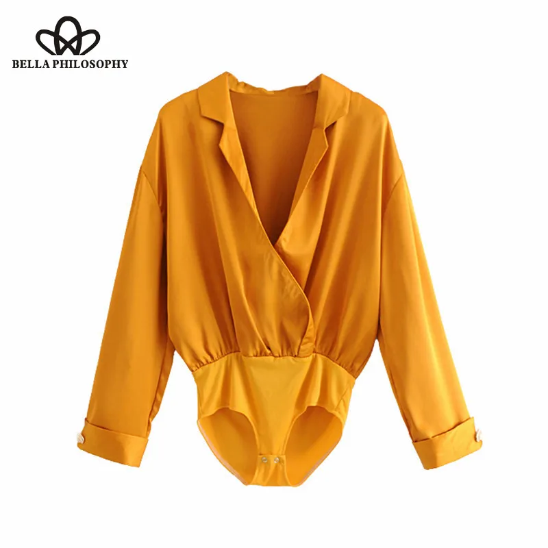 Wonder 2018 new Vintage Flowy Buttons Crossover Bodysuit Deep V Neck Long Cuffed Sleeves Ladies Rompers Casual Body Femme women