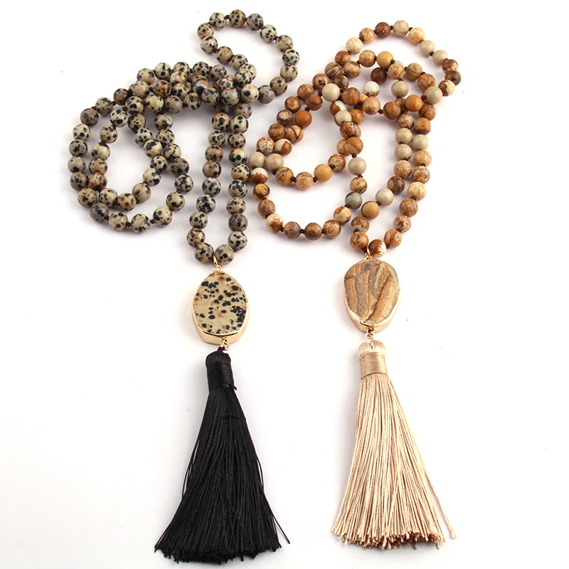

Fashion Bohemian Tribal Jewelry Speckle / Brown Knotted Stone Long Tassel Necklaces For Women Ethnic Necklace