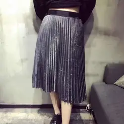 Новинка 2017 года Женская юбка миди металлик повседневное модные высокие серебряные летние для женщин талии плиссированные юбки