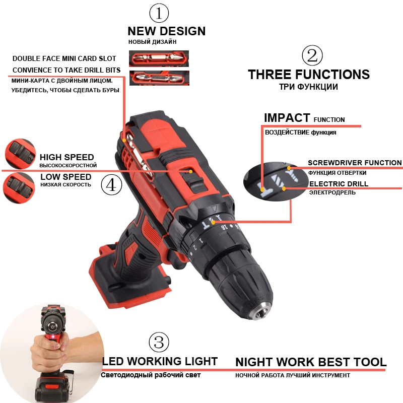 21V Variable Speed Impact Electric Screwdriver Impact Electric Drill Tool Hammer Cordless Drill Impact Drill Cordless+Tool Bag