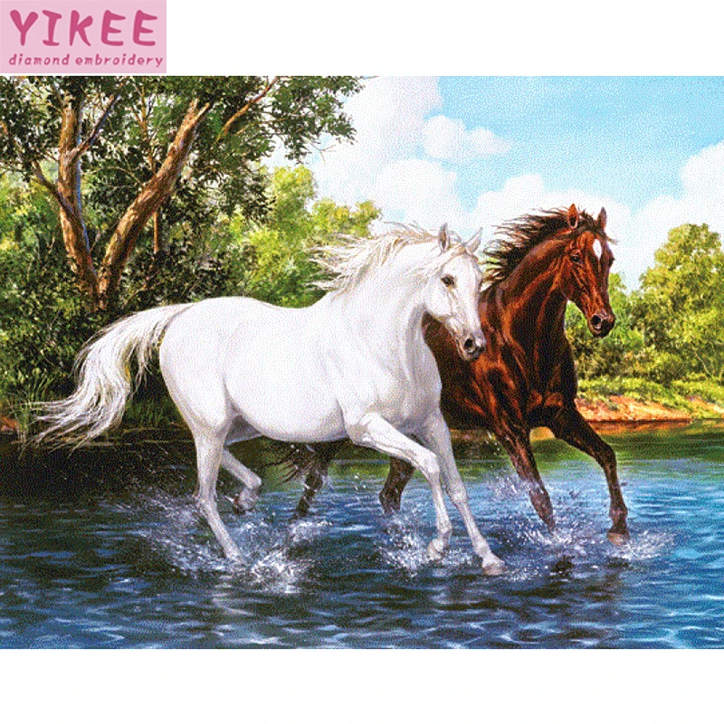 diamond embroidery horse in river,full square,animal,5d diamond
