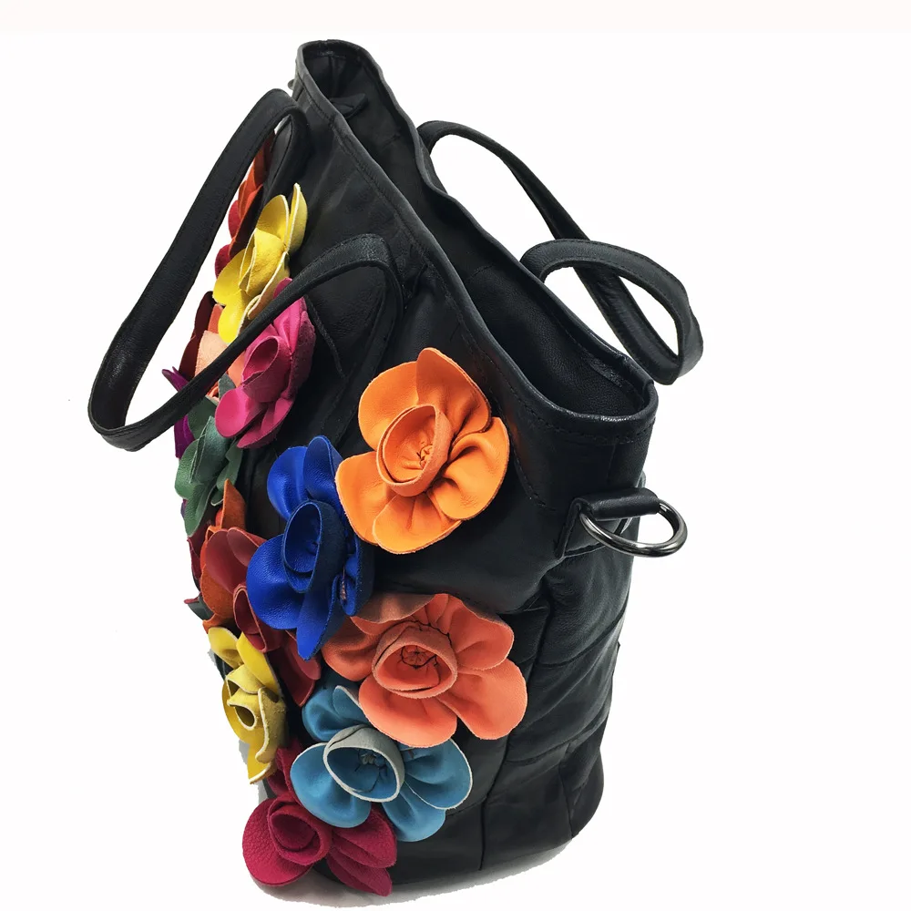 Женская сумка-тоут из овечьей кожи, модная повседневная сумка через плечо с объемным цветочным рисунком, Повседневная дизайнерская сумка в богемном стиле, цветная сумка с верхней ручкой