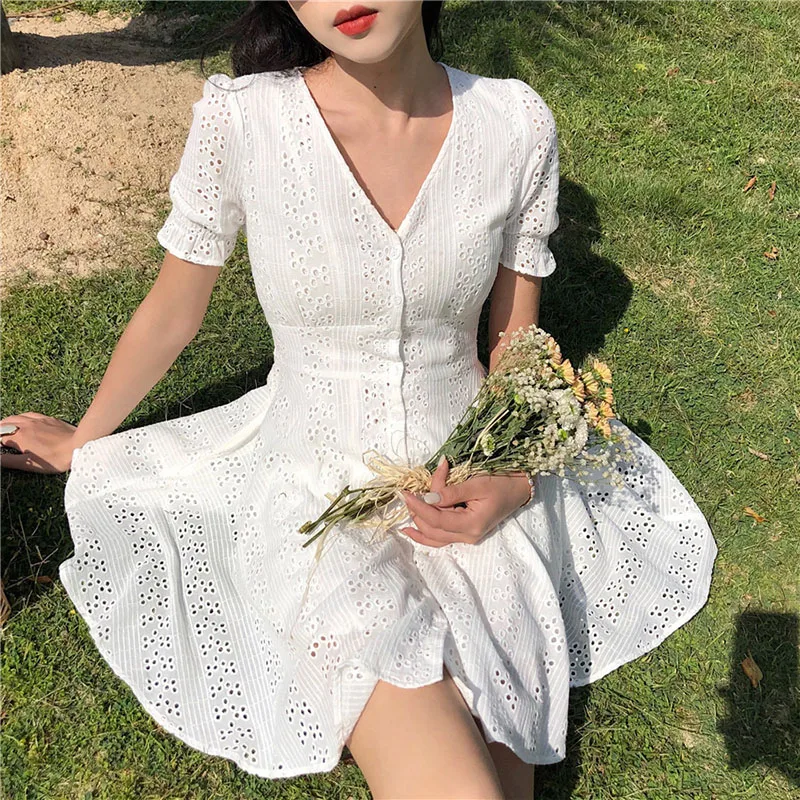 

Women's Clothing Korean Chic Beach Style sweet women dress Solid Hollow Out V-neck Short Sleeve Summer Dresses New ulzzang