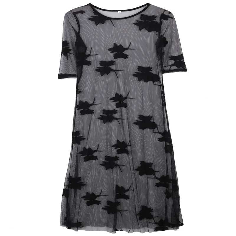 

Hot Sell Summer Korean Splicing Tulle Short Sleeve O Neck See Through Dress Women Big Size Black White Color Clothes Fashion New