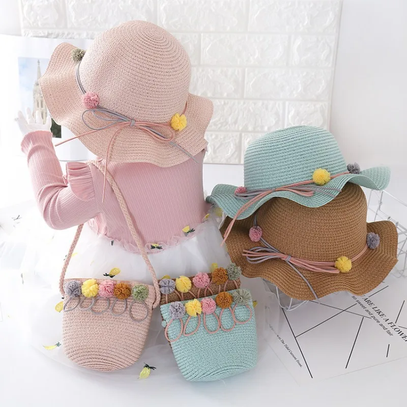 

2-7Y Summer Kids Charm Princess Straw Children Baby Girls Sun Beach Hat Flower Cap & Handbag Lovely Summer