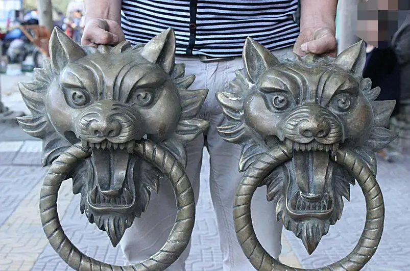 

17" China Feng Shui Bronze Evil Spirits Tiger Head Statue Valve Ring Door Knocker