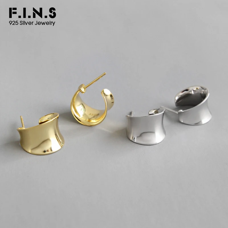 

F.I.N.S Personalized Pure 925 Sterling Silver Earrings Arc-Shaped Wide Stud Earrings Geometry Concave Korean Women's Earrings