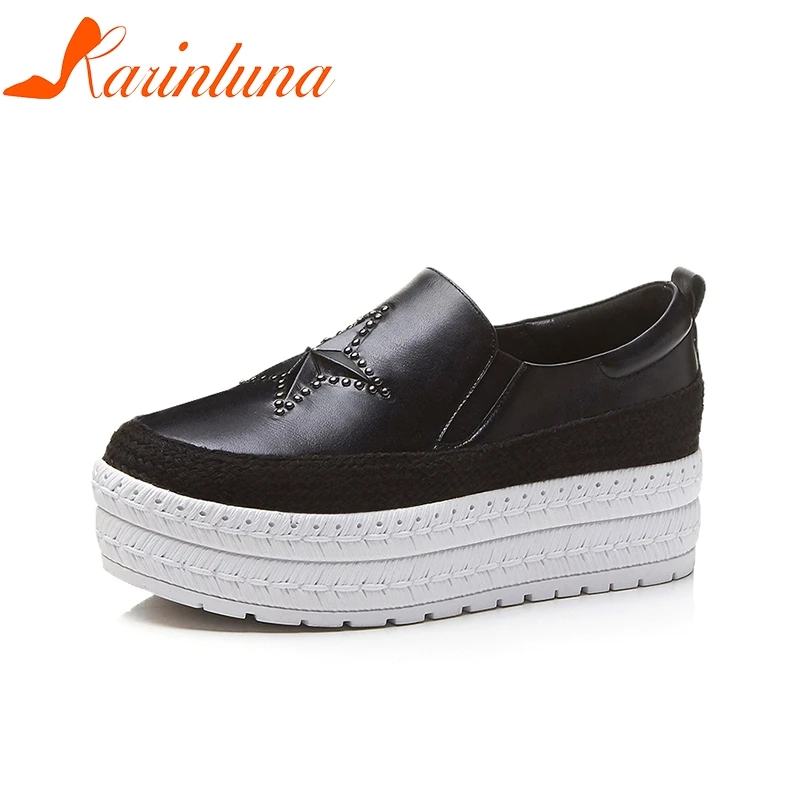 

KARINLUNA 2019 Summer Cow Genuine Leather star-shaped Woman Shoes Slip On Black White Date Flats Women Shoes Sneakers