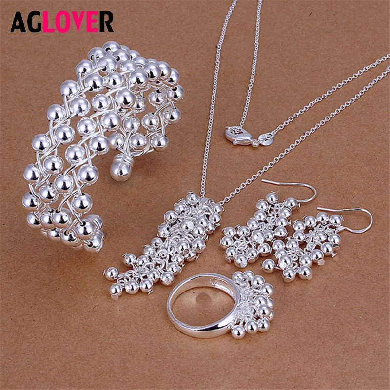 

Exquisite Grape String Pendant 925 Silver Long Necklace Bracelet Earrings Ring Sets Women Fashion Jewelry Sets