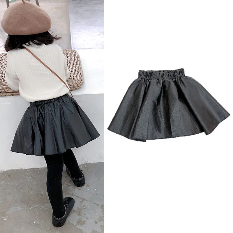 Girl PU Faux Leather Skirt Black Skirts ElasticWaist Baby Kids Short