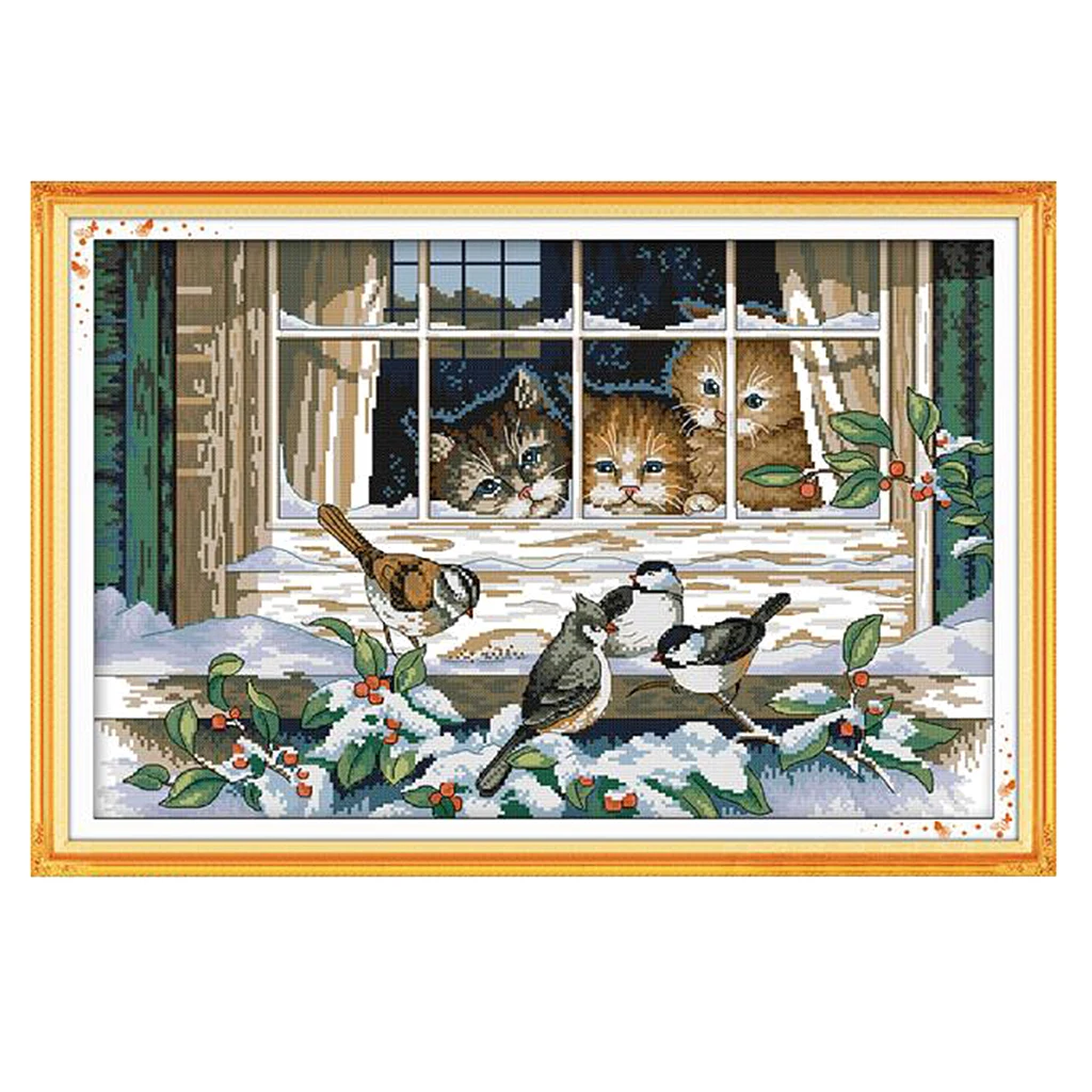  Cats Birds Stamped Cross Stitch Kits for Kids Pre-Printed Pattern Embroidery 14CT Counted Needlework Home Decoration	