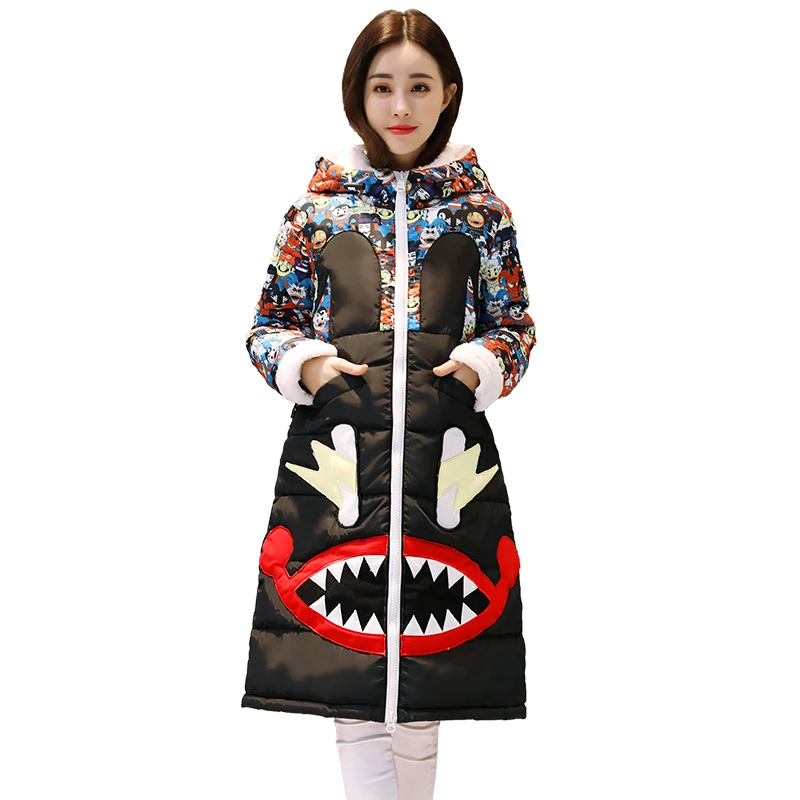 

Winter down cotton hooded jackets women's 2018 new cartoon print cotton-padded jacket coat womens thicken warm long cotton parka