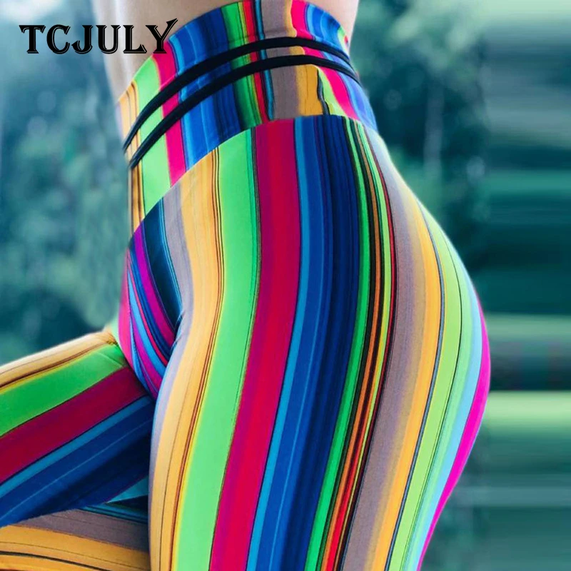 TCJULY New Rainbow Color Print High Waist Leggings For Fitness Skinny Push Up Workout Pants Breathable Quick Dry Women's Leggins