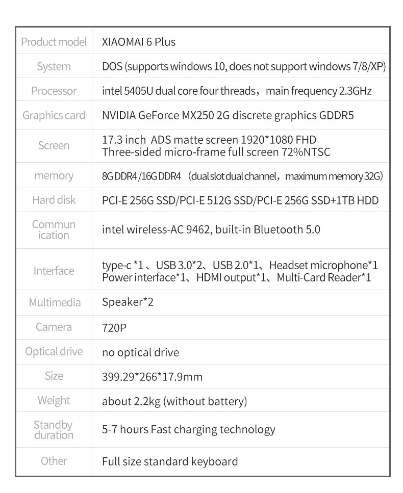 Супер гигантский экран ноутбука MAIBENBEN XIAOMAI 6 Plus 17,3 "intel Pentium 5405U/NVIDIA MX250/DOS/серебристый