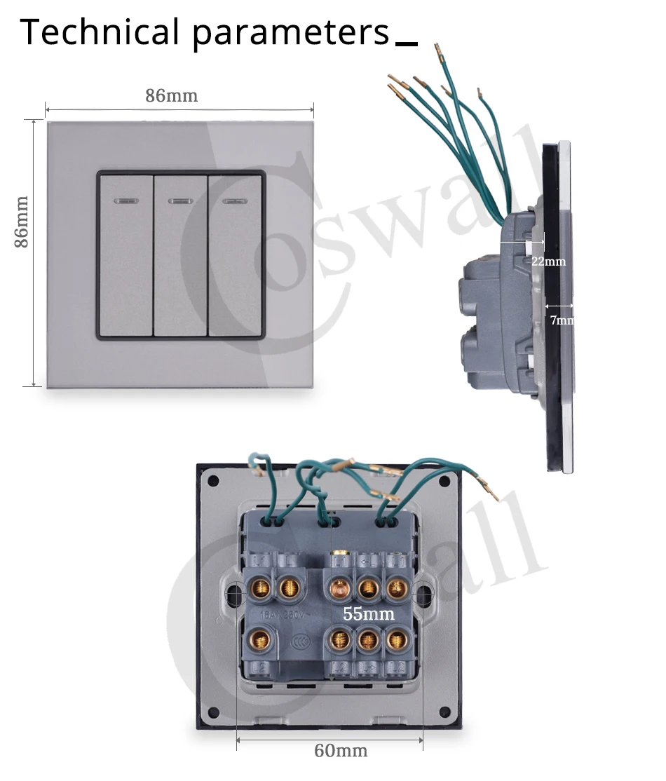 Coswall Роскошная обувь с украшением в виде кристаллов закаленное Стекло Панель 3 Gang 2 Way светильник Переключатель ВКЛ/ВЫКЛ настенный выключатель с Светодиодный индикатор 16A AC 250V