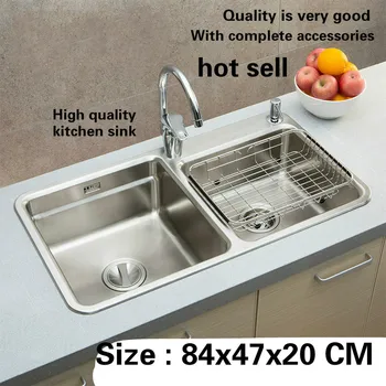 Cheap Free Shipping Hot Sell Individuality Luxury Kitchen Double Groove Sink Durable 304 Stainless Steel High Quality Big 840x470 MM