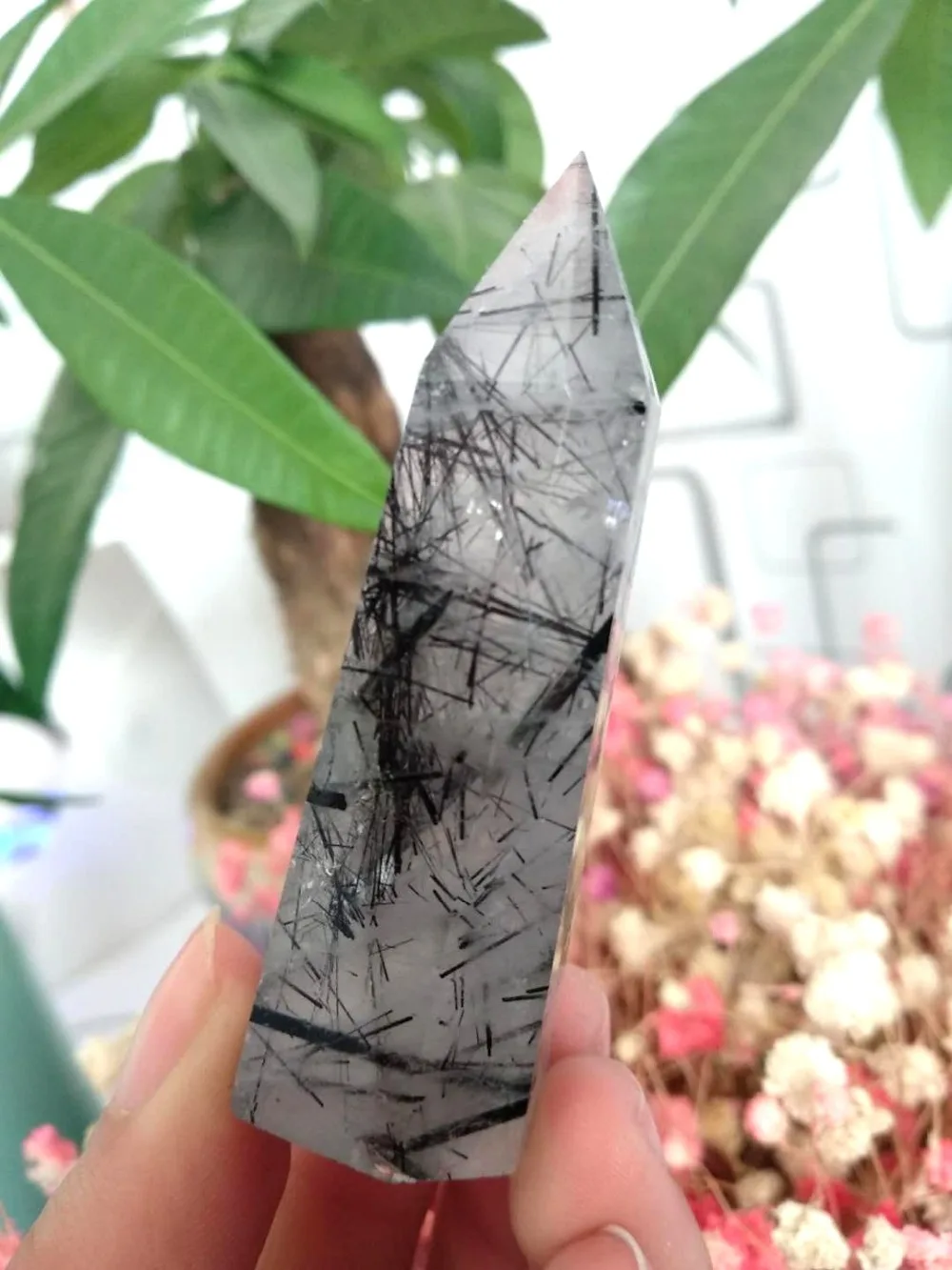 

Natural tourmaline obelisk quartz crystal wand point healing miner stones