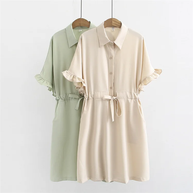 

plus Size Casual Dresses Summer 2019 Women Clothing Fashion Loose Short sleeve Solid color chiffon Shirt Dress T54-832