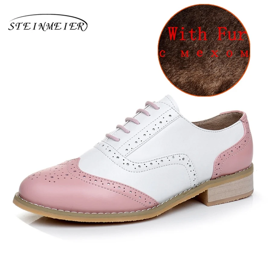 Женская обувь из натуральной кожи, большой американский размер 11, дизайнерские винтажные туфли на плоской подошве, ручная работа, белые, розовые,, женские туфли-оксфорды с мехом - Цвет: White Pink Fur