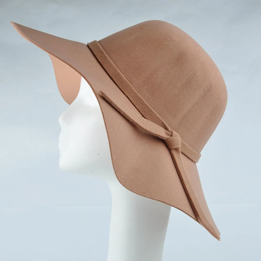 1 قطع الساخن أزياء النساء سيدة مع واسعة حافة صوف فيلت الرامي فيدورا قبعة قاء زجاجي مرن الشمس الشاطئ bowknot كاب 6 اللون