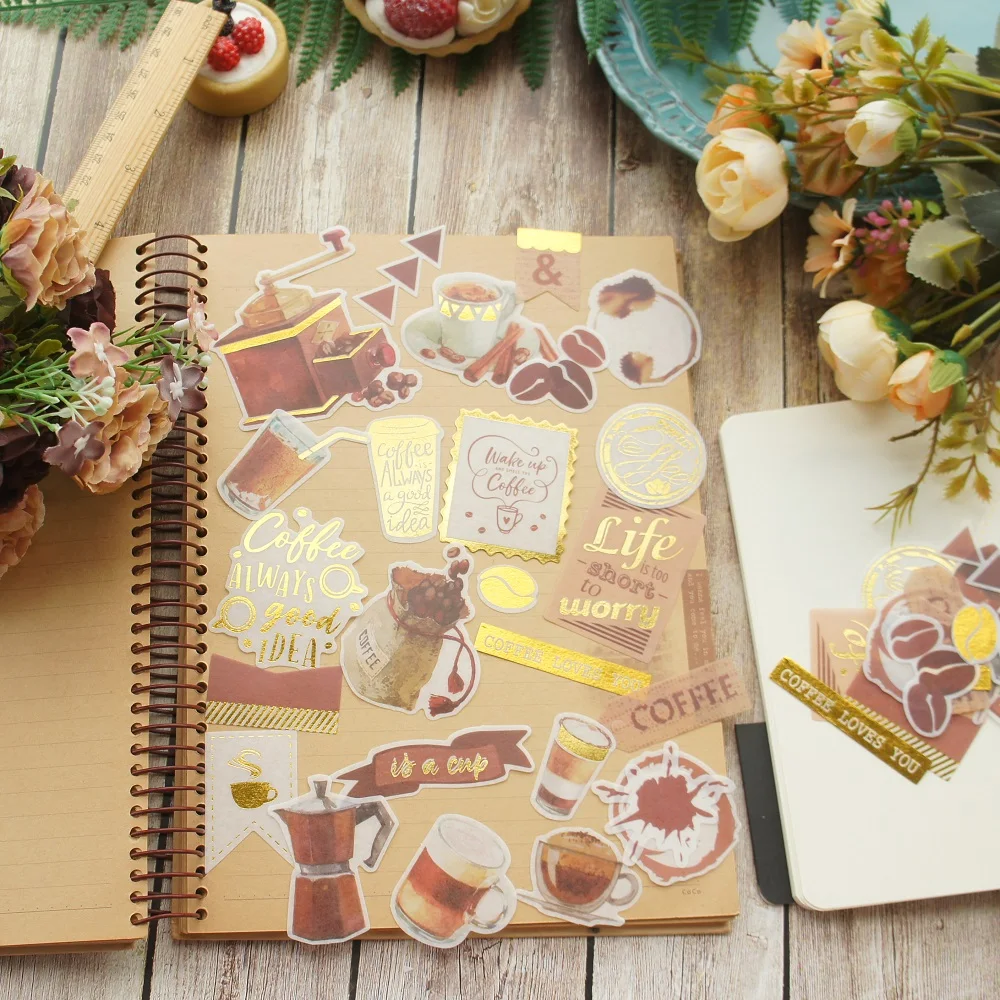 

48pcs Gold Open A Coffee Shop Style Paper Sticker Scrapbooking DIY Gift Packing Label Decoration Tag Party Decoration