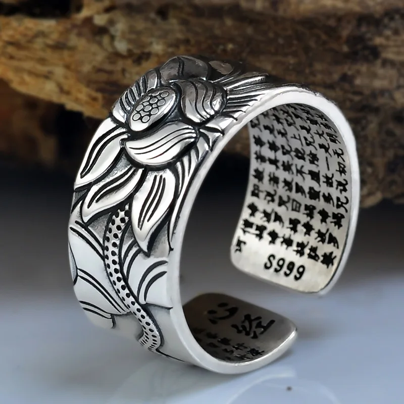 925 Silver Lotus Rings Good Luck Buddha Adjustable Size Trendy Popular S925 Solid Thai Silver Ring