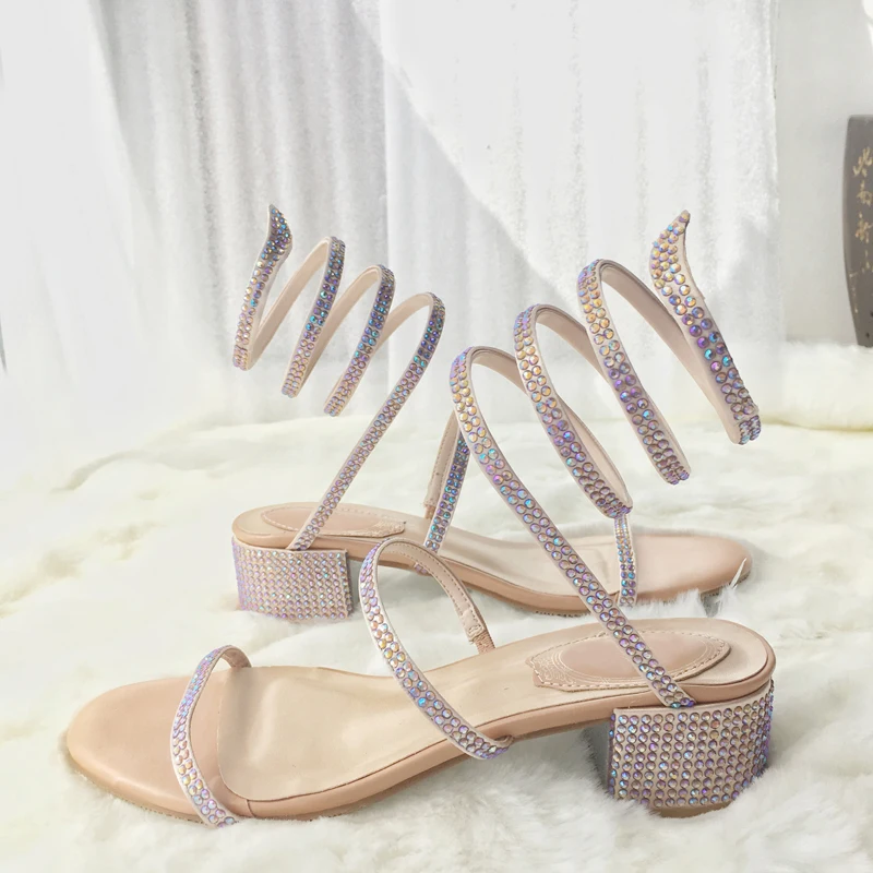 Teahoo лето кристалл Римские сандалии Для женщин с открытым носком на квадратном сандалии на каблуке Для женщин модная обувь под вечернее платье ремешок из змеиной кожи женская обувь