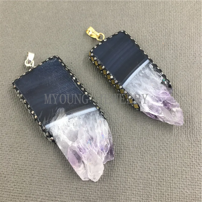 MY1029 Rectangle Amethysts Druzy Pendant Charm Pave Rhinestone Abalone Shell Jewelry Accessories (1)