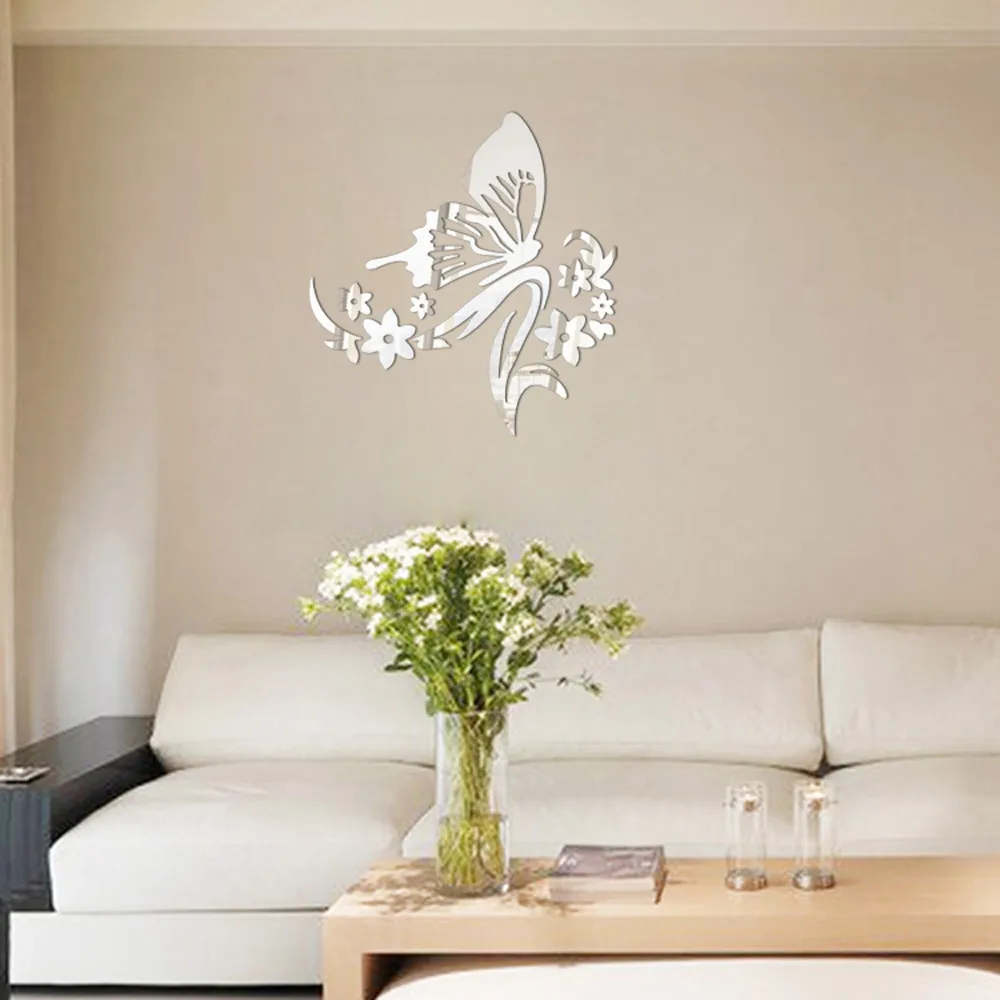 3D Mirror Stickers Butterfly Flower Wall Stickers Decorative Acrylic