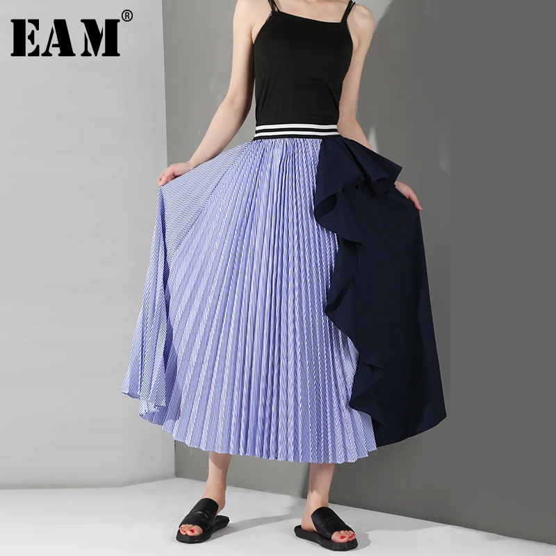 

[EAM] 2019 New Spring Summer High Elastic Waist Black Striped Split Joint Ruffles Pleated Half-body Skirt Women Fashion WG1900