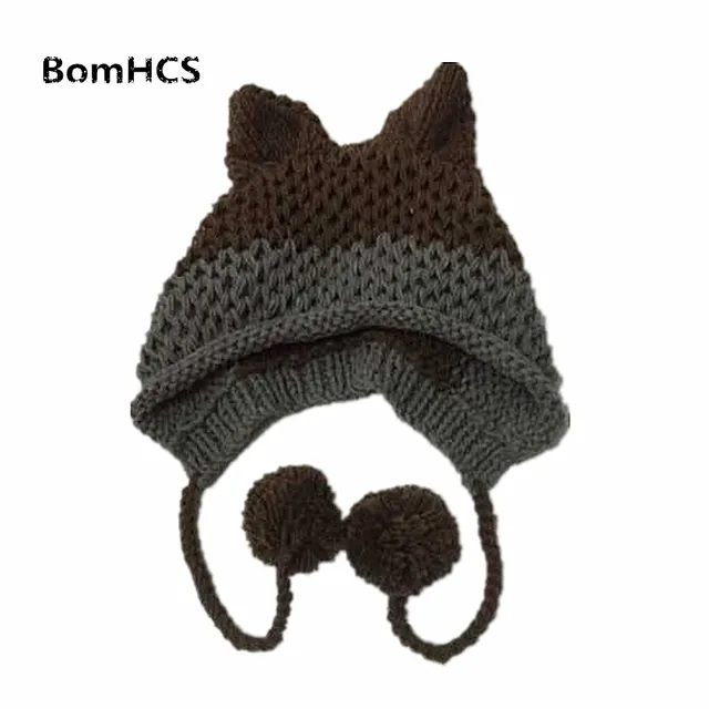 BomHCS Cute Fox Ears Beanie Winter Warm 100% Handmade Knit Hat 2
