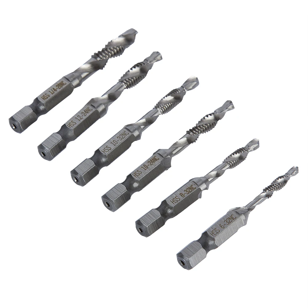 

6pcs SAE Screw Thread Tap Drill Bits HSS Deburr Countersink Combination Drill Taps 1/4 Hex Shank Metalworking Twist Drilling Set