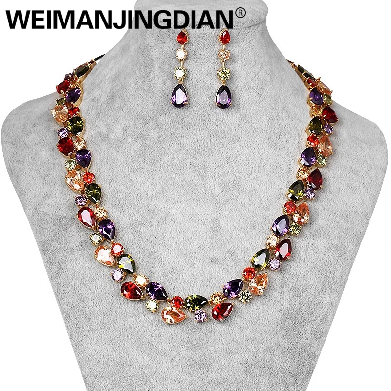 Hermoso colorido Cubic Zirconia cristal Mona Lisa estilo collar y pendientes conjunto de joyas en Color oro plateado - 1