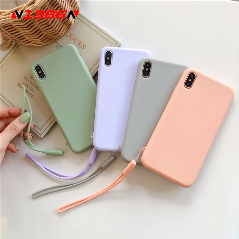 

N1986N Candy Color For iPhone 6 6s 7 8 Plus X XR XS Max Phone Case Cute Solid Color With Lanyard Soft Silicone For iPhone X Case