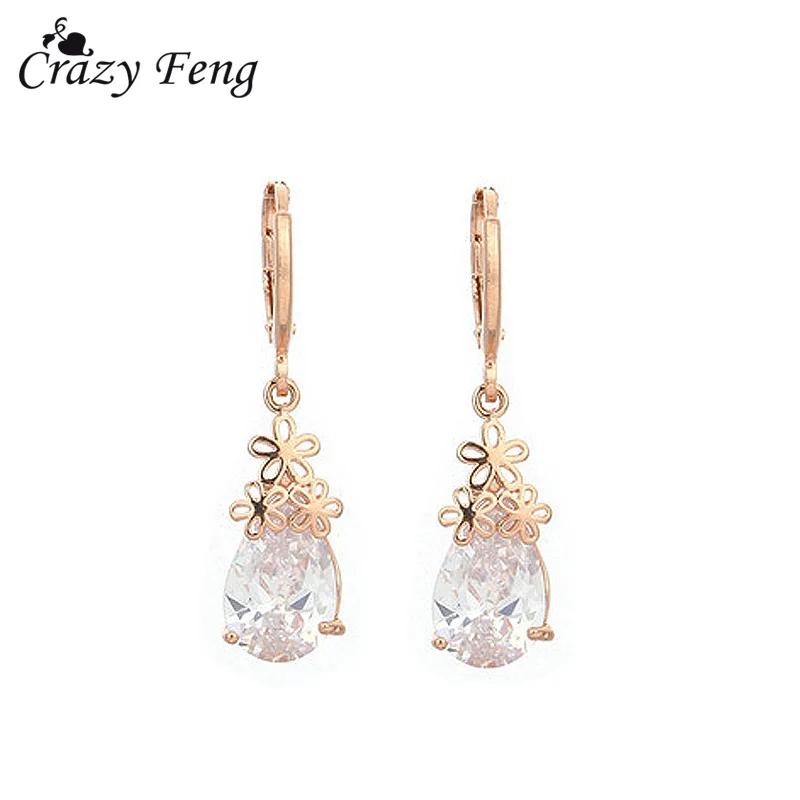 

Crazy Feng Drop Shipping Women Rose Gold-color Ear Pendientes Clear CZ Crystal Flower Pierced Dangle Drop Earrings Jewelry Gifs