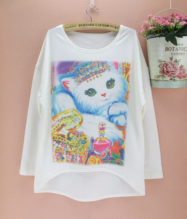 Футболка женская с длинным рукавом и принтом кота батальных размеров|printed t shirt