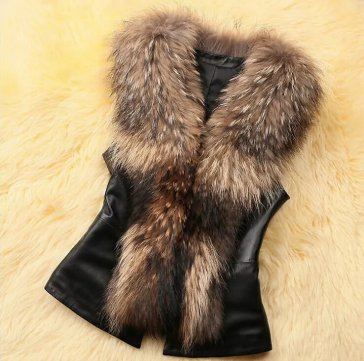 

Women Winter PU Leather Faux Fur Coat 2018 Casual Plus Size Sleeveless Faux Fox Fur Collar Vest Winter Jacket Coat Women