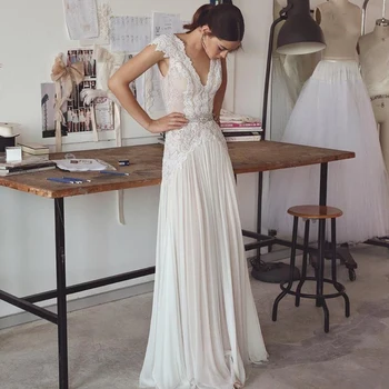 

Vestido de Noiva V Neck Ivory Boho Wedding Dress with Lace Beads High Quality Bridal Gown Robe De Mariee