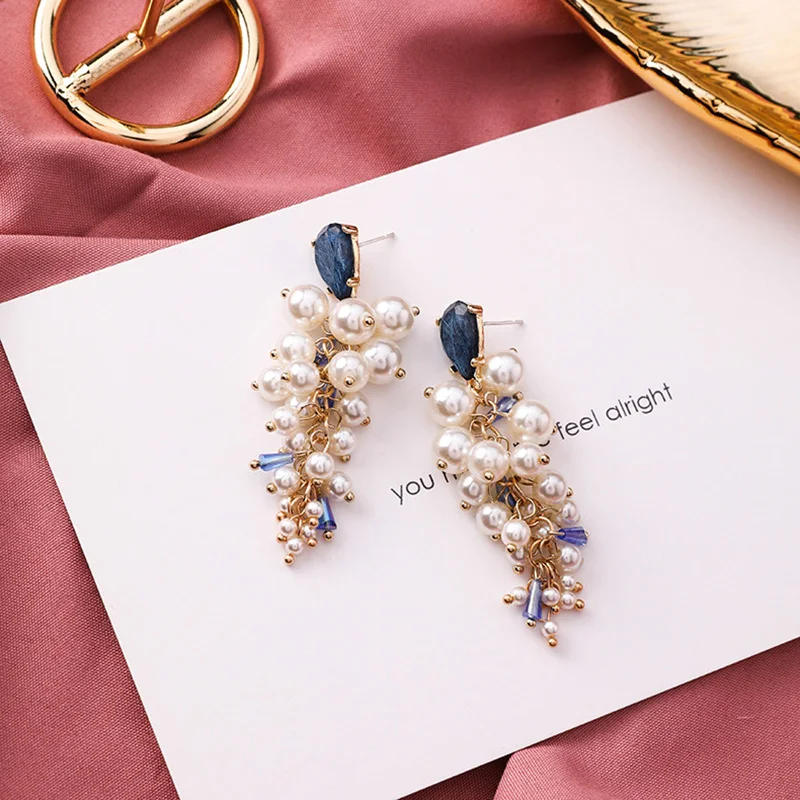 Korean Earring Simulated Pearl Beads String Aretes Long Drop Earrings for Women Girl Party Earrings Gifts Crystal Design Earring (7)